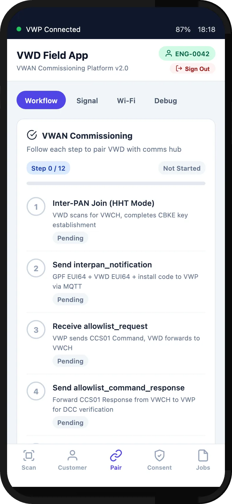 Field app VWAN pairing workflow with commissioning steps