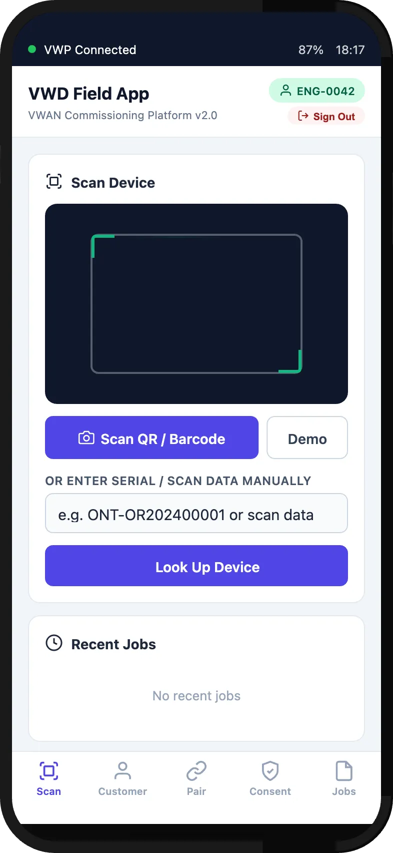 Field app barcode scanning for device identification