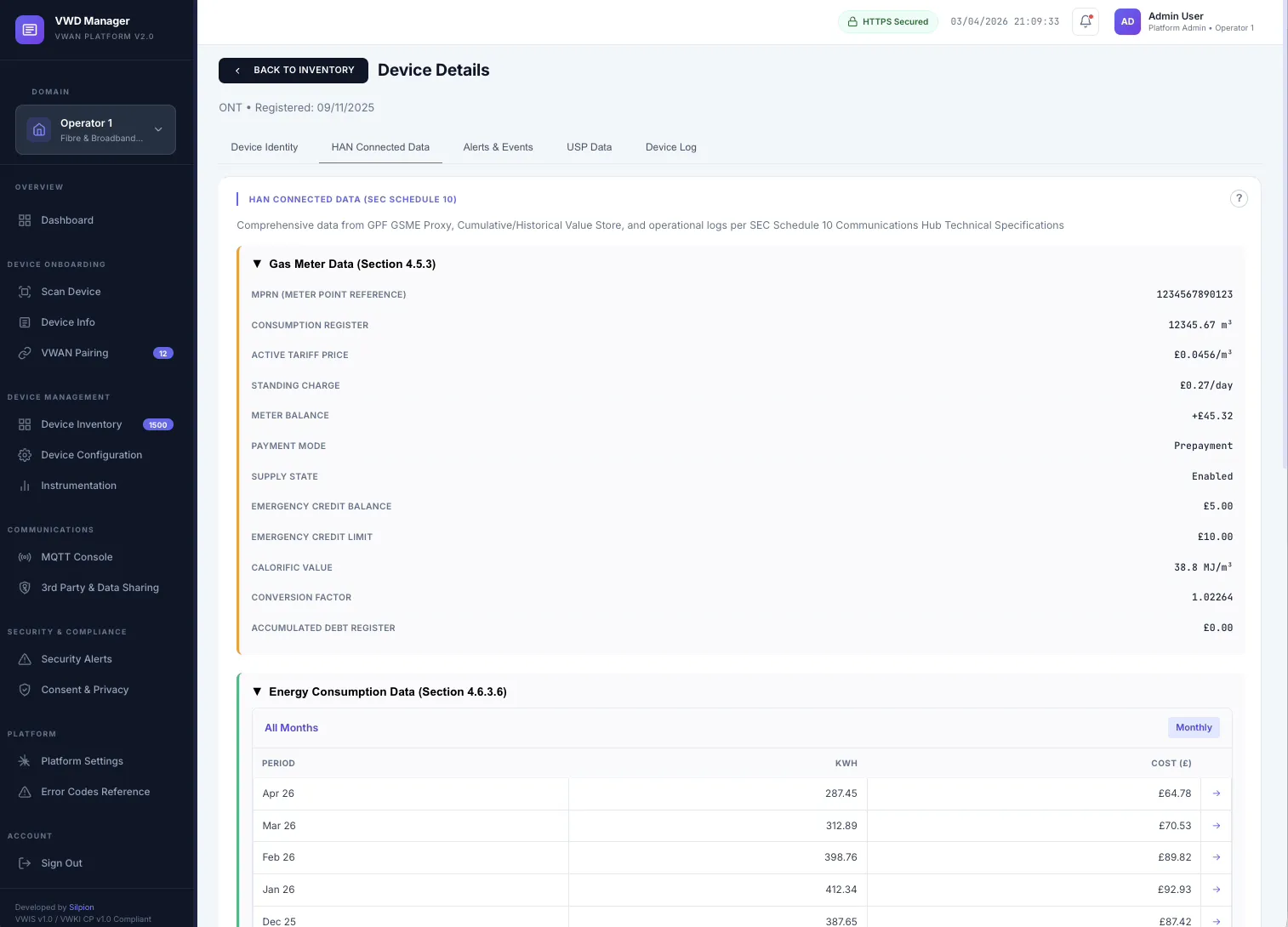 Device detail view showing identity, HAN data, alerts, USP parameters and device logs