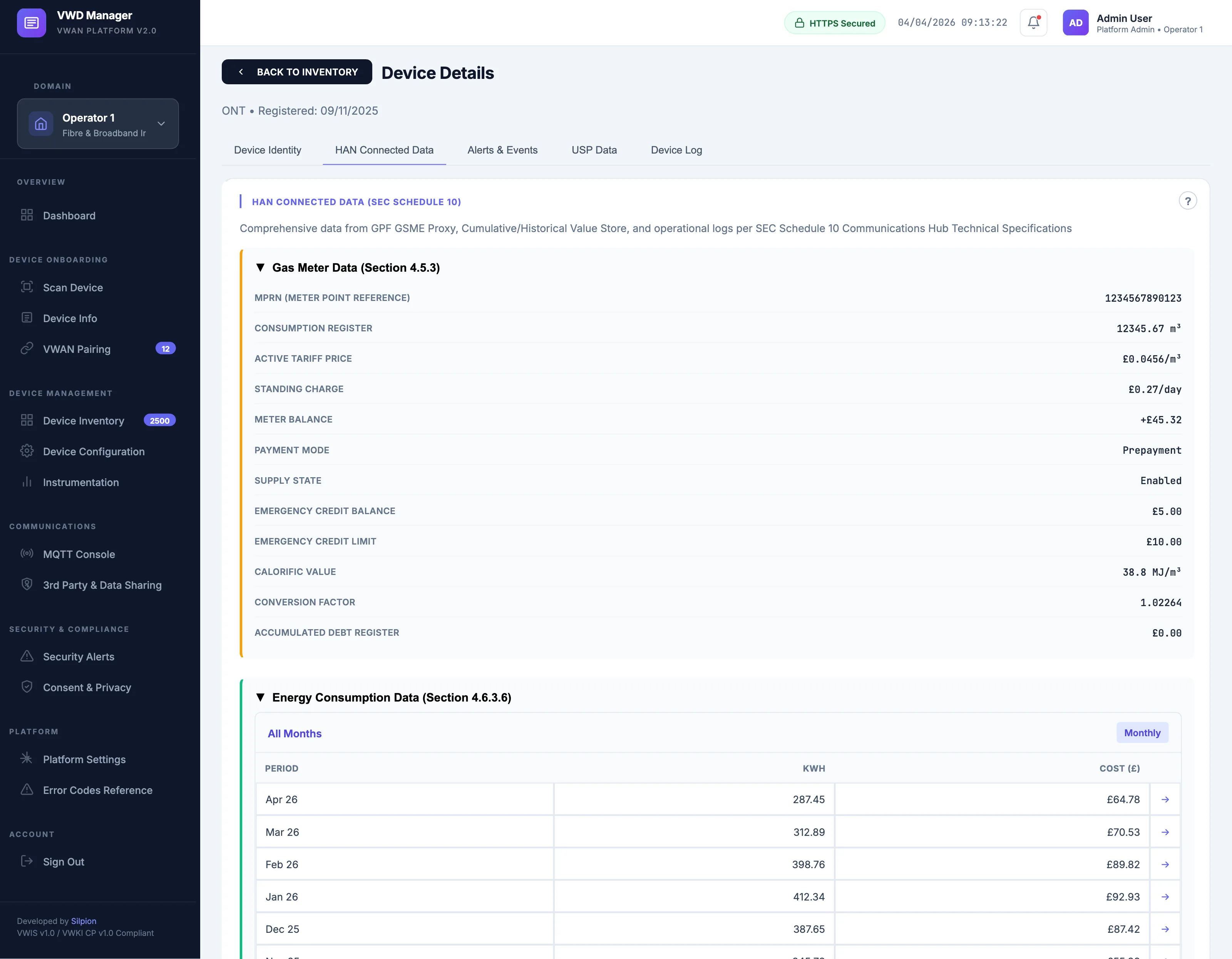 Device detail view showing identity, HAN data, alerts, USP parameters and device logs