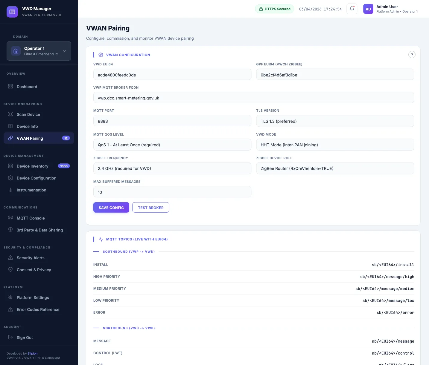 VWAN pairing workflow showing 12-step commissioning with real-time step status and structured error codes