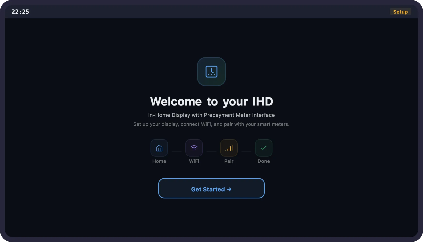 IHD four-step setup wizard showing Home, WiFi, Pair and Done configuration flow