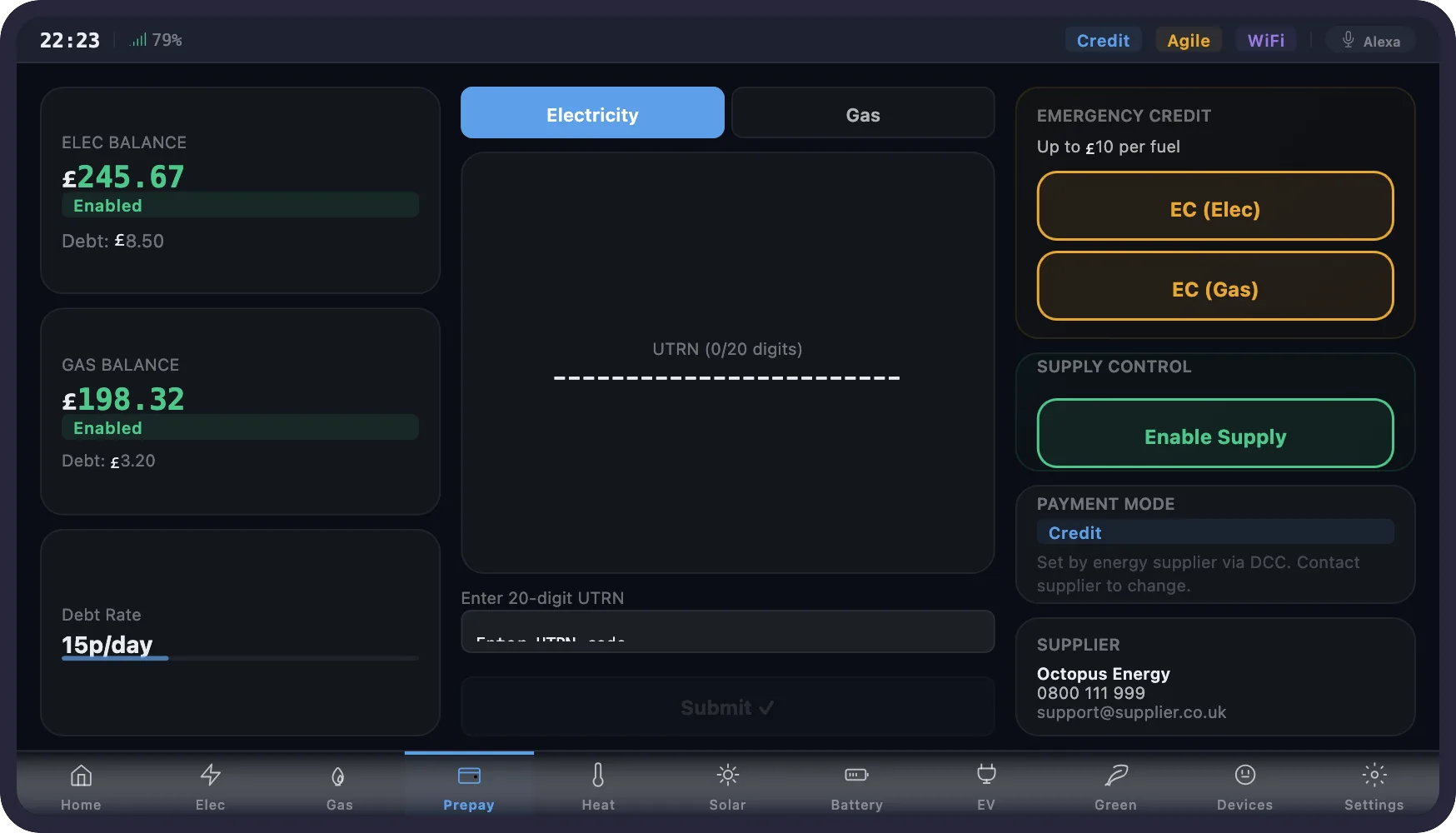 Prepayment meter interface showing dual fuel balances, UTRN entry, emergency credit buttons, debt tracking and supply control