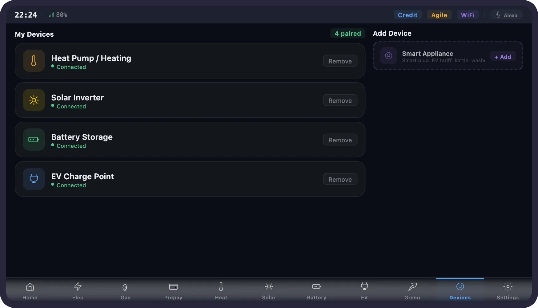 Paired devices screen showing connected smart home devices with protocol details and signal quality